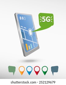 5G sign icon and perspective smartphone vector realistic. Set of bright map pointers for printing, website, presentation element and application mockup.