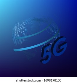 Signo 5G en un fondo del mundo en estilo digital. El nuevo estándar para conectividad a Internet. Red global de red de alta velocidad con fondo azul