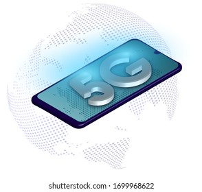 Signo 5G en el fondo del mundo y un smartphone en estilo digital. El nuevo estándar para conectividad a Internet. Red global de red de alta velocidad con fondo azul