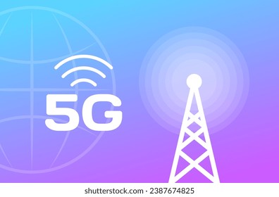 5G signal icon. Flat, purple, communication tower, 5G internet icon. Vector icon