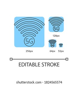 5G signal indicator blue linear icons set. Internet connection quality. Wireless technology. Thin line customizable 256, 128, 64 and 32 px vector illustrations. Contour symbols. Editable stroke