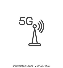 5G Signal line icon. linear style sign for mobile concept and web design. A mobile tower with 5G label outline vector icon. Symbol, logo illustration. Vector graphics