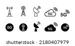 5G signal set icon. Mobile Internet, electric tower, antenna, satellite, cloud, store, online, five g, network, power, communication standard. Technology concept. Vector line icon for Business.