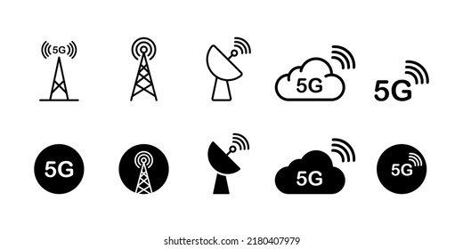 5G signal set icon. Mobile Internet, electric tower, antenna, satellite, cloud, store, online, five g, network, power, communication standard. Technology concept. Vector line icon for Business.