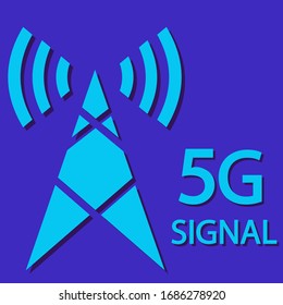 5g signal technology icon. Radio tower with text "5G signal". New 5th generation mobile network, high speed connection wireless systems and more. Vector illustration isolated on blue background