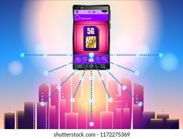 5G sim card, smartphone on the background of the city. Vector Illustration