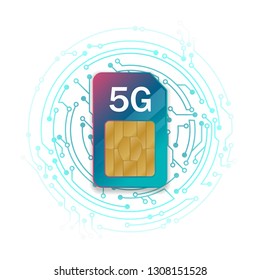 5G Sim Card. 5G technology background. Mobile telecommunications technology with microelectronics background.