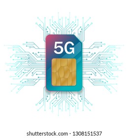 5G Sim Card. 5G technology background. Mobile telecommunications technology with microelectronics background.