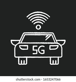 5G smart car chalk white icon on black background. Self-driving vehicle. Autonomous driving. Driverless automobile. Wireless technology. Isolated vector chalkboard illustration