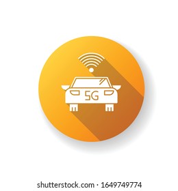 5G smart car orange flat design long shadow glyph icon. Self-driving vehicle. Autonomous driving. Driverless automobile. Wireless technology. Silhouette RGB color illustration