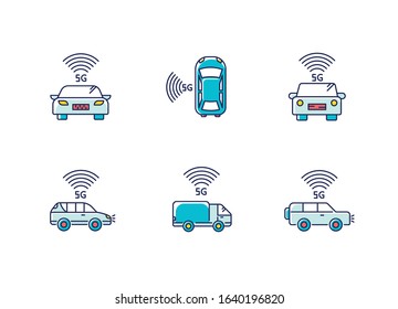 5G smart cars RGB color icons set. Vehicles with Internet connection. Autonomous driving. Self-driving, intelligent automobile. Wireless technology. Isolated vector illustrations