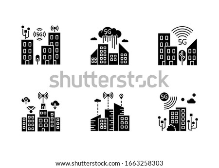 5G smart city black glyph icons set on white space. Urban intelligence. Mobile cellular network coverage. Wireless technology. Silhouette symbols. Vector isolated illustration