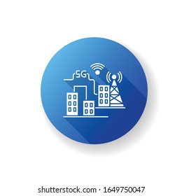 5G Smart City Blue Flat Design Long Shadow Glyph Icon. Improved Urban Infrastructure. Mobile Cellular Network Coverage. Wireless Technology. Silhouette RGB Color Illustration