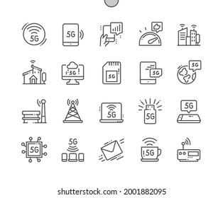 5G. Smart city. Digital innovation, lte, social, wave, telecommunications, network and internet. 5G sim card. Best speed. Pixel Perfect Vector Thin Line Icons. Simple Minimal Pictogram