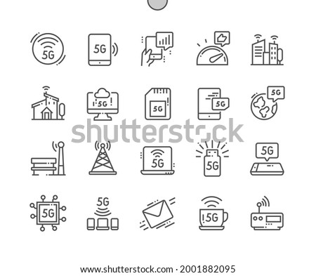 5G. Smart city. Digital innovation, lte, social, wave, telecommunications, network and internet. 5G sim card. Best speed. Pixel Perfect Vector Thin Line Icons. Simple Minimal Pictogram