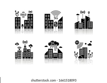 5G Smart City Drop Schatten schwarze Glyph-Symbole gesetzt. Städtische Intelligenz. Mobilfunknetzabdeckung. Drahtlose Technologie. Einzelne Vektorgrafiken auf weißem Hintergrund