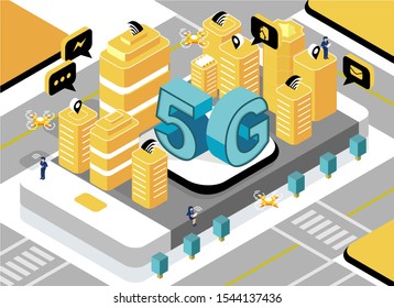 5G Smart city future abstract or metropolis.Intelligent building automation system business concept.isometric space with connected dots and lines.Vector stock illustration
