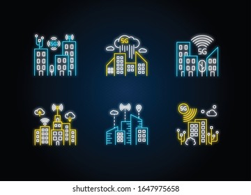 5G smart city neon light icons set. Urban intelligence. Mobile cellular network coverage. Wireless technology. Signs with outer glowing effect. Vector isolated RGB color illustrations