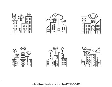 5G smart city pixel perfect linear icons set. Urban intelligence. Mobile cellular network coverage. Customizable thin line contour symbols. Isolated vector outline illustrations. Editable stroke