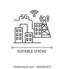 5G Smart City Pixel Perfect Linear Icon. Improved Urban Infrastructure. Wireless Technology. Thin Line Customizable Illustration. Contour Symbol. Vector Isolated Outline Drawing. Editable Stroke