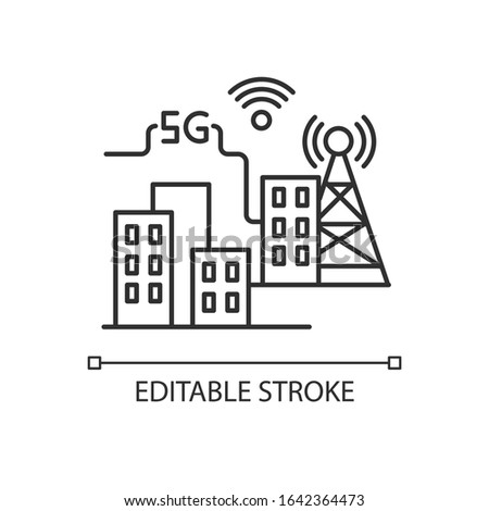5G smart city pixel perfect linear icon. Improved urban infrastructure. Wireless technology. Thin line customizable illustration. Contour symbol. Vector isolated outline drawing. Editable stroke
