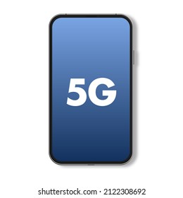 5g Smartphone-Modell, die die Zukunft der Handys. Konzept der Mobilität, schnelle Internetverbindung, zelluläre Daten, Internet der Dinge und Leistung. Blauer Farbverlauf-Bildschirm mit weißem Text.