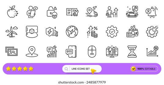 Estadísticas 5g, resultados de negocios e íconos de línea de llamada de emergencia para el App de Web. Pack de servicio de coche, álbum de fotos, deslizar hacia arriba los iconos del pictograma. Realidad aumentada, Encuesta Cliente. Barra de Búsqueda. Vector