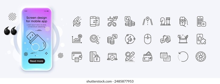 5g statistics, Chemistry lab and Computer mouse line icons for web app. Phone mockup gradient screen. Pack of Fan engine, Money tax, Green electricity pictogram icons. Vector