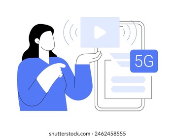 5G streaming Ilustraciones vectoriales de dibujos animados aisladas. Chica atractiva con transmisión de smartphone con conexión a internet de alta velocidad, tecnología 5G moderna, proceso de transmisión de dibujos animados de Vector.