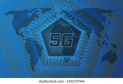 5g symbol and background with dots and a map of the world.Concept of a modern internet connection.