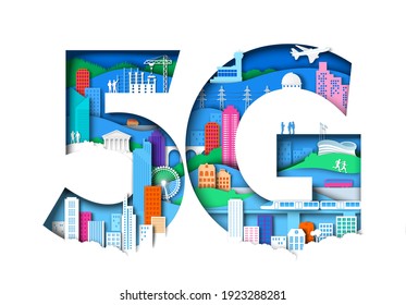 5G symbol with city elements. Vector illustration in paper art style. 5th generation mobile network, wireless internet connection technology.