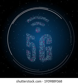 Símbolo 5G relleno de puntos blancos. Estilo de puntillismo. Algunos puntos son rosas. Ilustración vectorial sobre fondo azul con estrellas