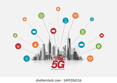5G symbol new wireless internet wifi connection. Fifth innovative generation of the global high speed Internet network using modern digital devices.