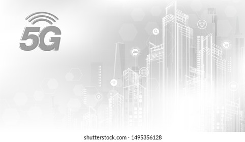 5G symbol new wireless internet wifi connection. Fifth innovative generation of the global high speed Internet network using modern digital devices.