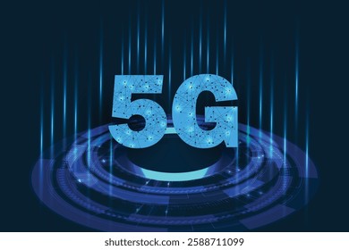 5G symbol new wireless internet Wi-Fi connection. Fifth innovative generation of the global high speed Internet network using modern digital devices