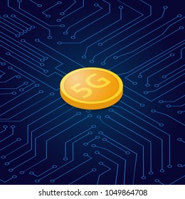 5G symbol on the background of the contacts of the computer motherboard. Vector illustration .