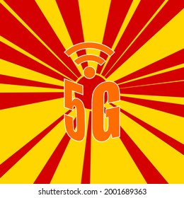 5G symbol on a background of red flash explosion radial lines. The large orange symbol is located in the center of the sun, symbolizing the sunrise. Vector illustration on yellow background