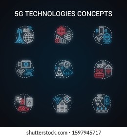 5G technologies neon light concept icons set. High-speed connection idea. Global coverage. Mobile internet. Wireless technology. Glowing vector isolated illustration