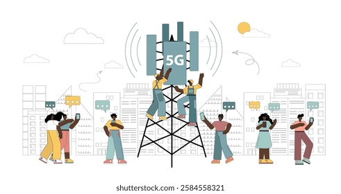 5g technologies. New generation mobile networks. Workers on the tower are installing high-speed mobile Internet