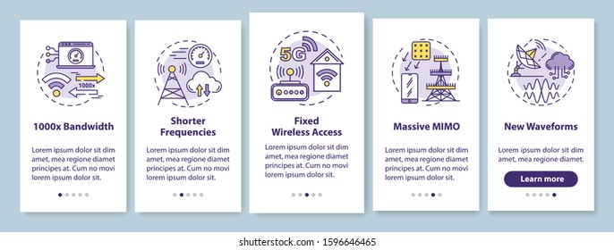 5G technologies onboarding mobile app page screen with linear concepts. Shorter frequencies. Massive MIMO. Five walkthrough steps graphic instructions. UX, UI, GUI vector template with illustrations