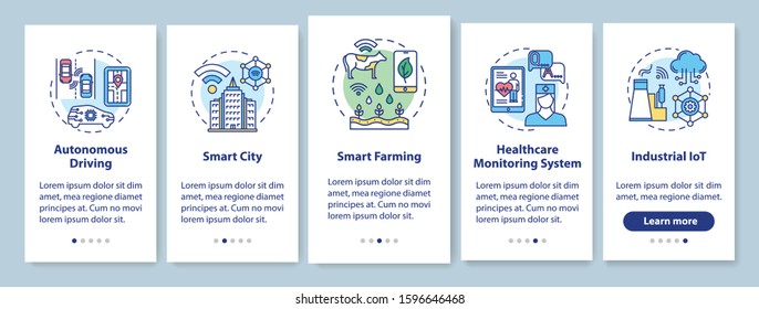 5G technologies onboarding mobile app page screen with linear concepts. Autonomous driving. Smart city. Five walkthrough steps graphic instructions. UX, UI, GUI vector template with illustrations