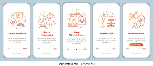 5G technologies onboarding mobile app page screen vector template. Shorter frequencies. Massive MIMO. Walkthrough website steps with linear illustrations. UX, UI, GUI smartphone interface concept