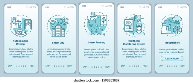5G technologies onboarding mobile app page screen vector template. Smart city. Walkthrough website steps with linear illustrations. Autonomous driving. UX, UI, GUI smartphone interface concept