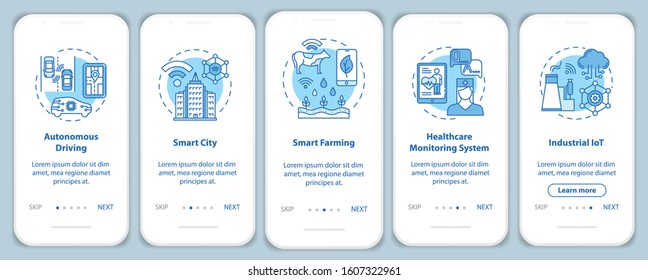 5G technologies onboarding mobile app page screen with linear concepts. Smart city. Autonomous driving. Five walkthrough steps graphic instructions. UX, UI, GUI vector template with illustrations
