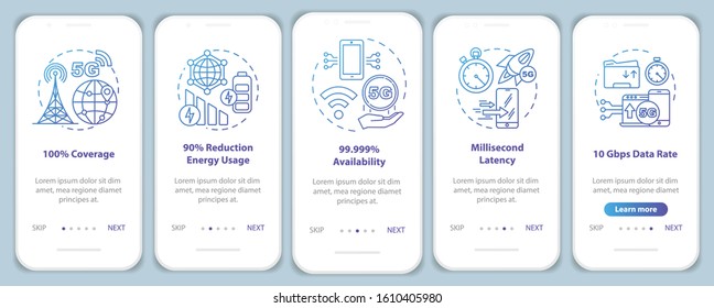 5G technologies onboarding mobile app page screen vector template. 100% coverage. Millisecond latency. Walkthrough website steps with linear illustrations. UX, UI, GUI smartphone interface concept