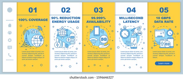 5G technologies onboarding mobile web pages vector template. 100% coverage. Responsive smartphone website interface idea with linear illustrations. Webpage walkthrough step screens. Color concept