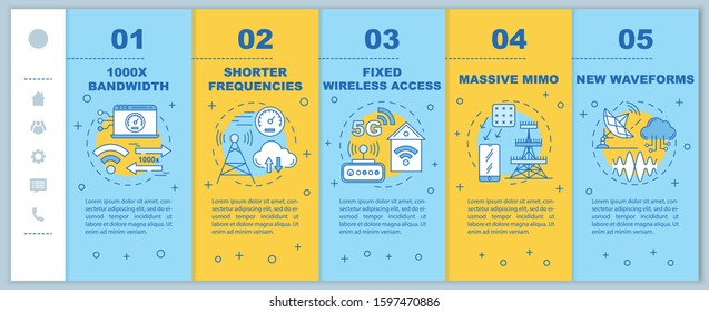 5G technologies onboarding mobile web pages vector template. Shorter frequencies. Responsive smartphone website interface idea, linear illustrations. Webpage walkthrough step screens. Color concept