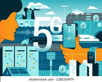 5G technologies in our life. Gradient vector concept illustration of new high speed wireless data connection 5G between sensors, servers, people, mobile smartphones, vehicles and urban infrastructure
