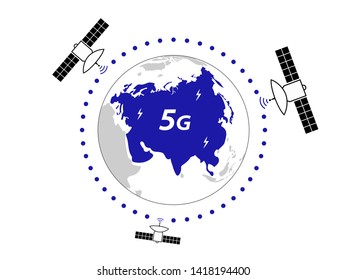 5G technologies speed wireless internet connection. Illustration of the Earth with satellites that transmissing signal to eurasian continent vector design concept