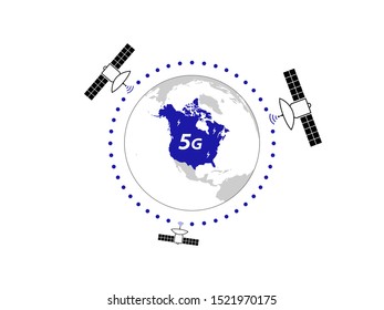 5G technologies speed wireless internet connection. Illustration of the Earth with satellites that transmissing signal to North America continent, USA and Canada vector design concept	